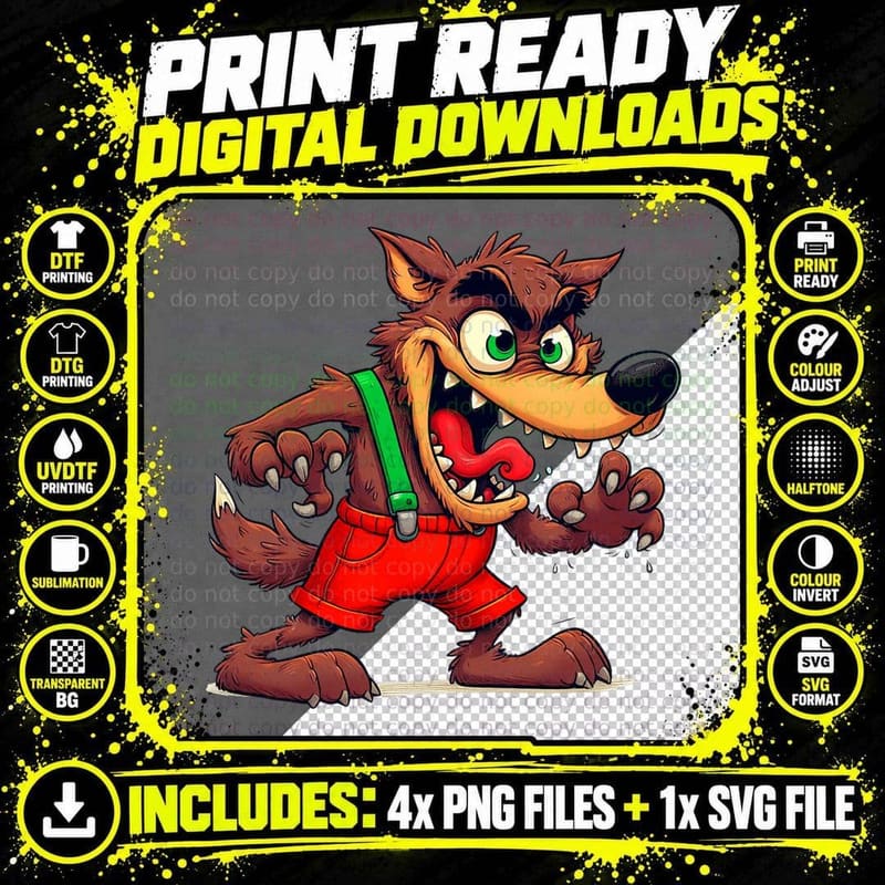 Bad Wolf in a Costume with 3 Pigs on the Back by Houses Png SVG Digital Bundle