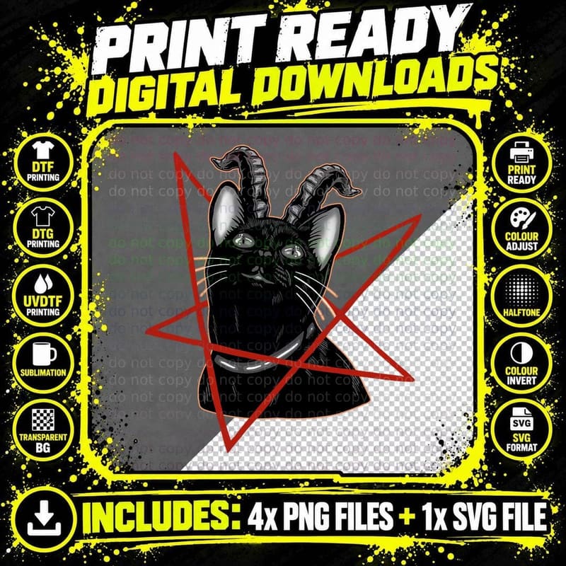 Baphomet Cat Gothic Pentagram Satanic T-Shirt Png SVG Digital Bundle