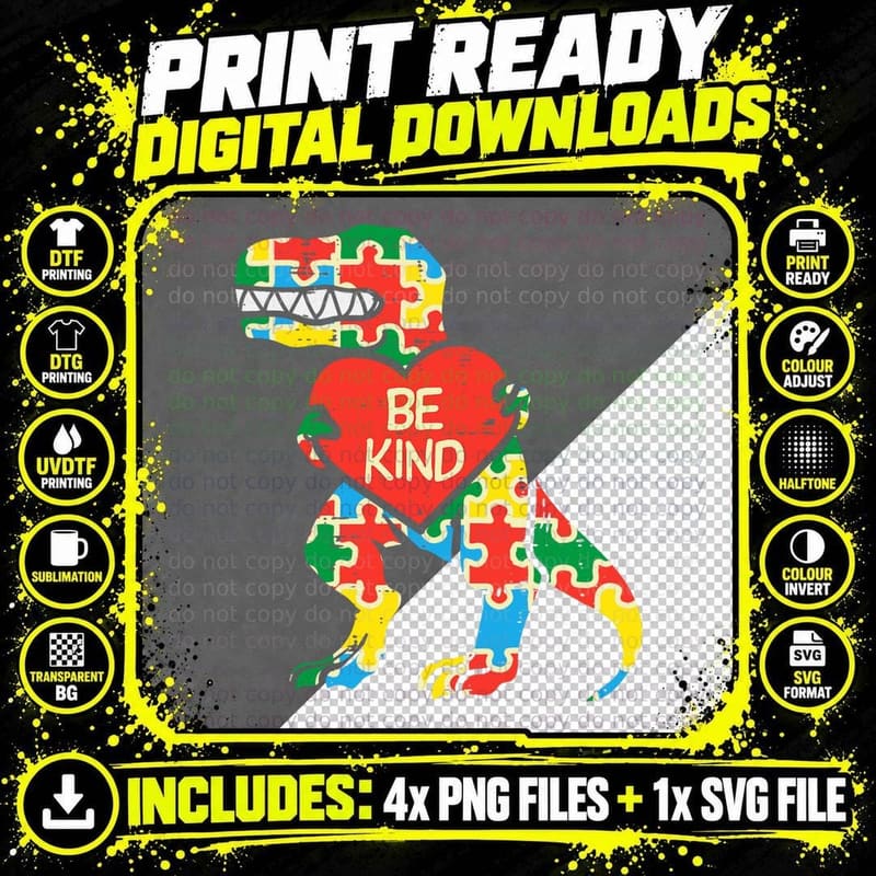 Be Kind Heart Puzzle Trex Dinosaur Autism Awareness Boys Png SVG Digital Bundle