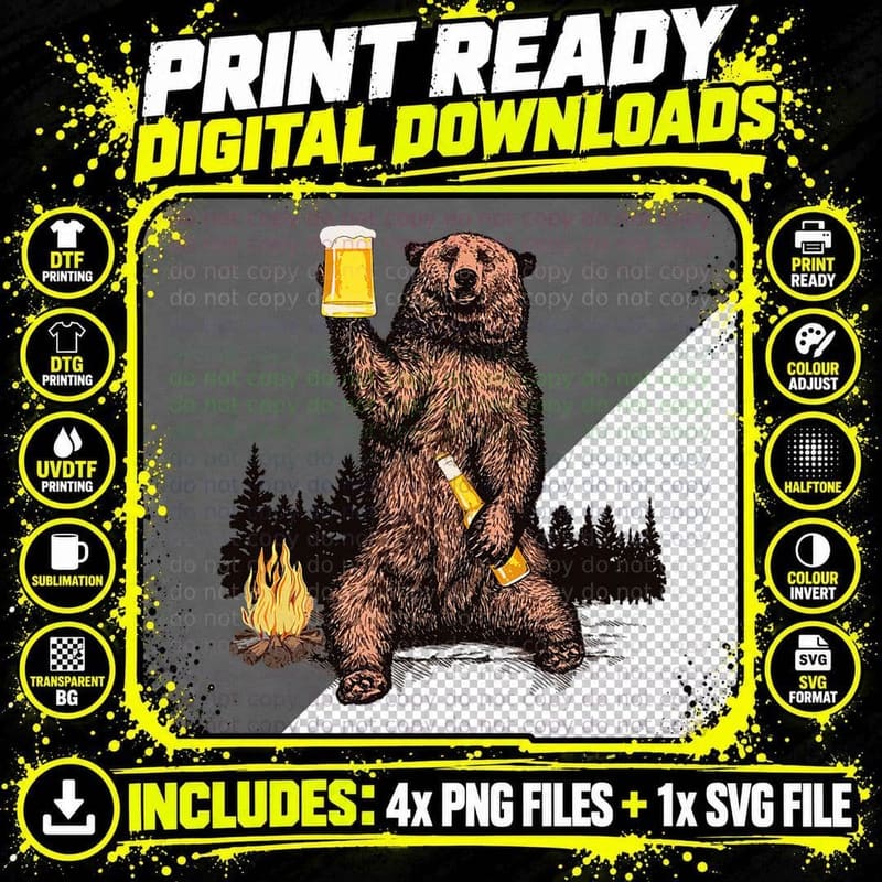 Bear Drinking Beer Camp Fire Woods Outdoor Funny Grizzly Png SVG Digital Bundle