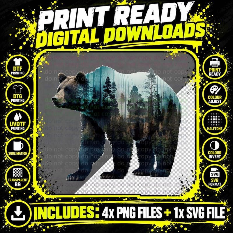 Bear Forest Trees Art Animal Print Animal Motif Bear Png SVG Digital Bundle