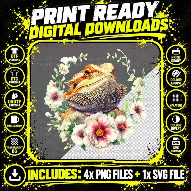 Bearded Dragon Flowers Pet Lizard Reptile Lovers Design Png SVG Digital Bundle