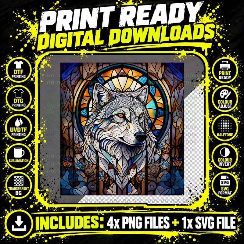 Beautiful Stained Glass Effect Graphic Wolf Png SVG Digital Bundle