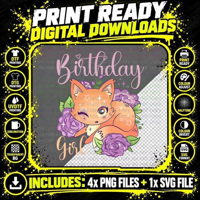 Birthday Girl Animal Lover Cute Fox Kids Birthday Party Png SVG Digital Bundle