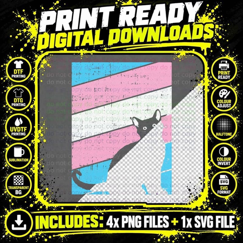 Black Cat Trans-Gender Pride Kitten Lover LGBT-Q Proud Png SVG Digital Bundle