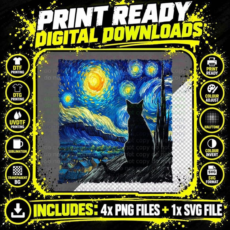 Black Cats Starry Night Distressed Art Van Gogh Cat Png SVG Digital Bundle