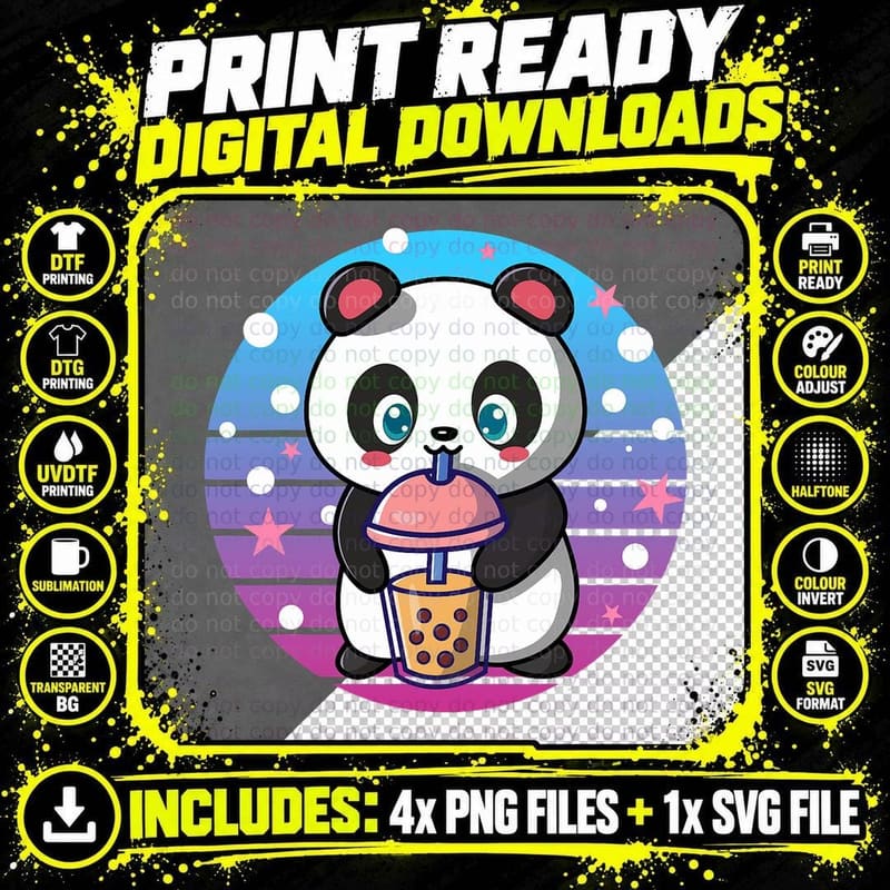 Boba Tapioca Pearls Bubble Milk Tea Drink Panda Lover Png SVG Digital Bundle