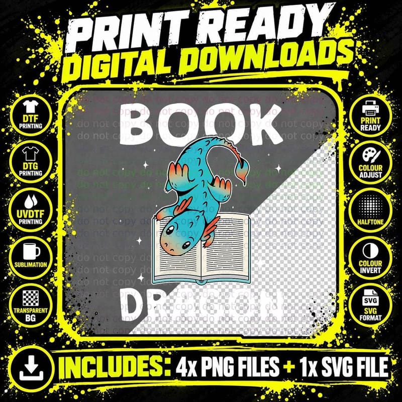 Book Dragon Fantasy Book Lover Gift Bookworm Reading Png SVG Digital Bundle