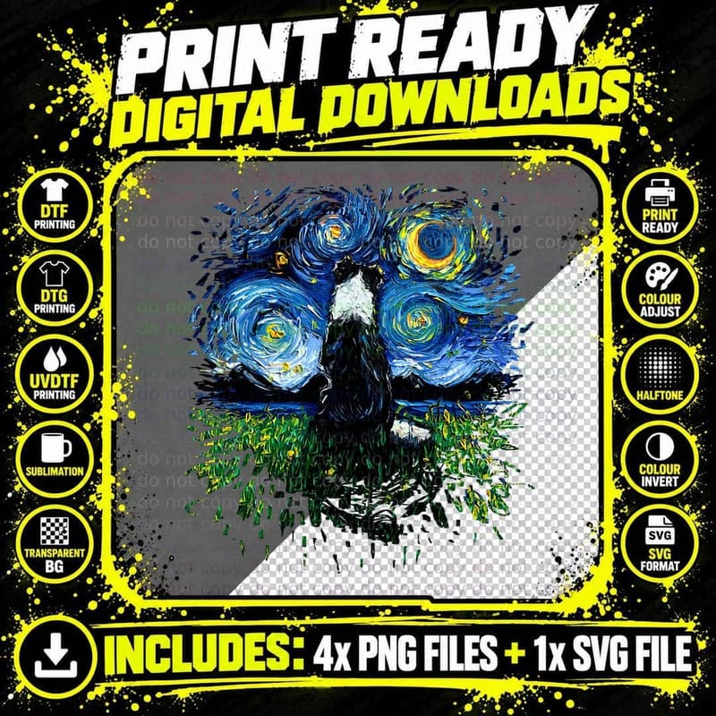Border Collie Back, Starry Night Impressionist Dog Aja Png SVG Digital Bundle