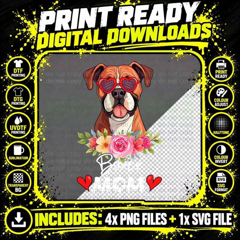 Boxer Dog Mama Mom Sunglasses Flower Dog Lover Owner Png SVG Digital Bundle