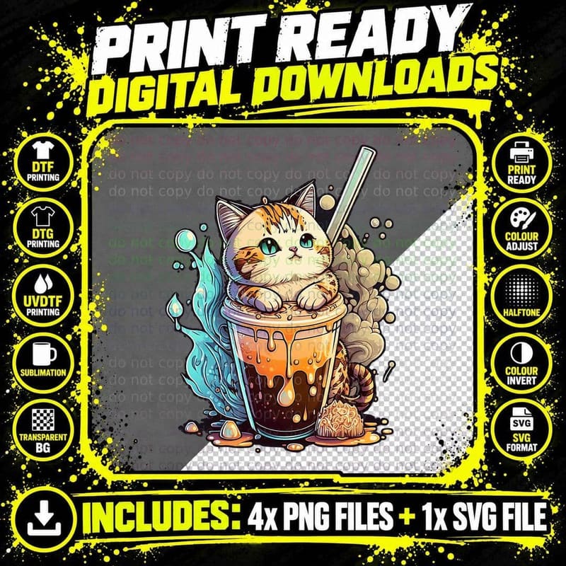 Bubble Tea Cat Kitten Japan Drink, Japanese Culture Png SVG Digital Bundle