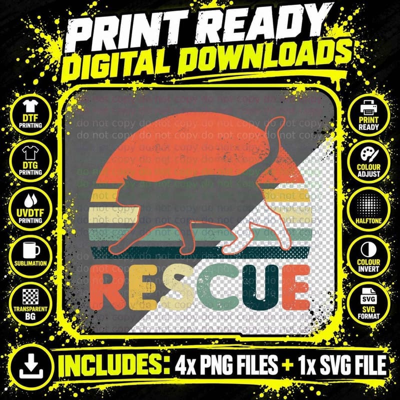 Cat Adoption Design Vintage Retro Sunset Rescue Gift Png SVG Digital Bundle