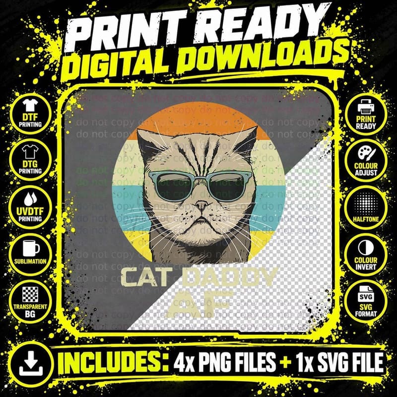 Cat Daddy Af Vintage Graphic Funny Fathers Day Cat Dad Png SVG Digital Bundle