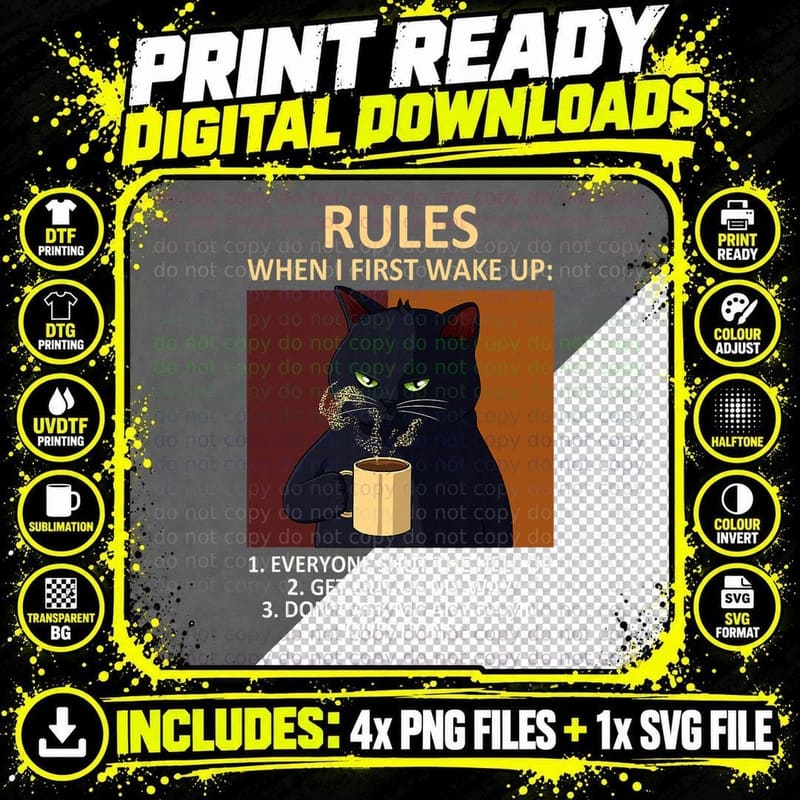 Cat Drinking Coffee Kitten Lover Funny Rules Pet Owner Png SVG Digital Bundle
