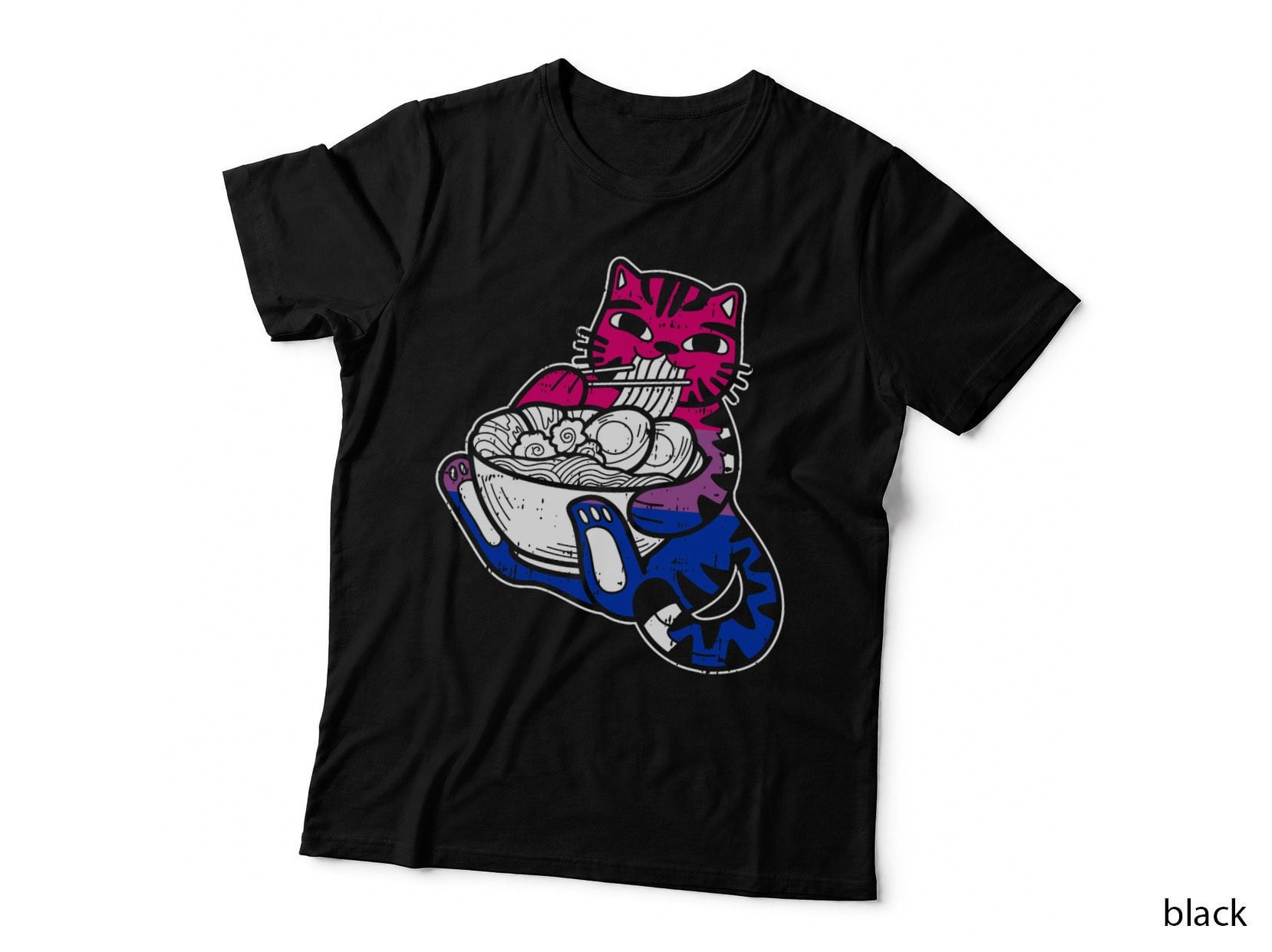 Cat Eating Ramen Bisexual Pride LGBT-Q Funny Kitten Animal T-Shirt