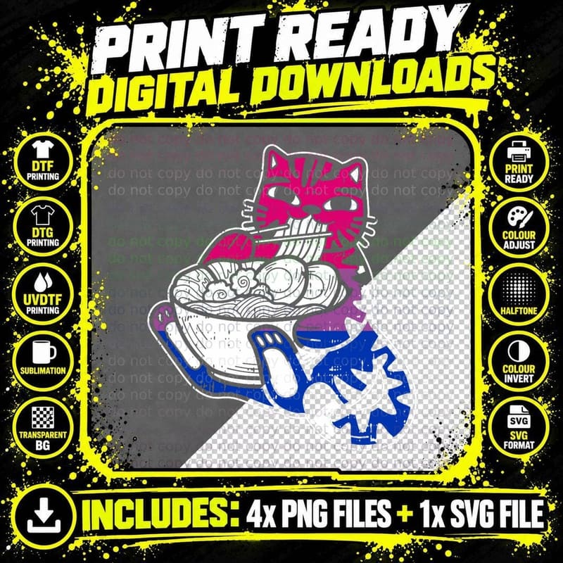 Cat Eating Ramen Bisexual Pride LGBT-Q Funny Kitten Png SVG Digital Bundle