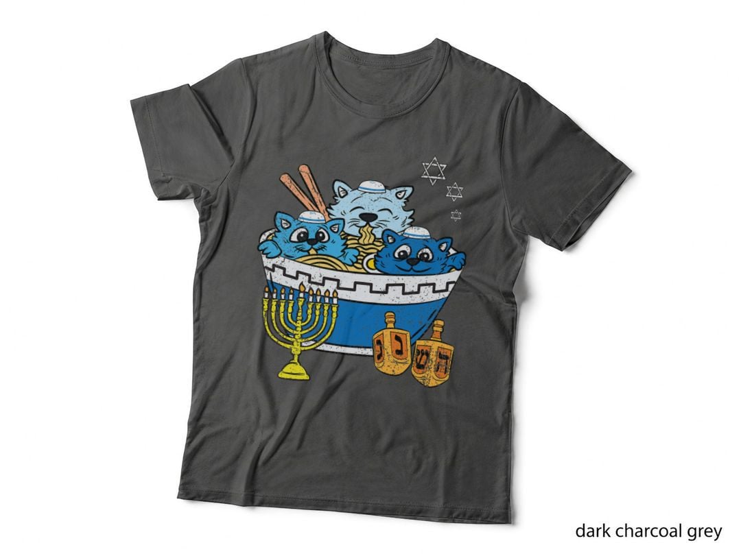 Cat Eating Ramen Hanukkah Menorah Chanukah Star of David T-Shirt