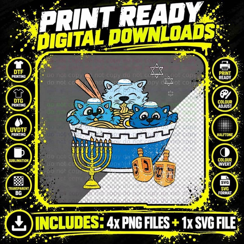 Cat Eating Ramen Hanukkah Menorah Chanukah Star of David Png SVG Digital Bundle