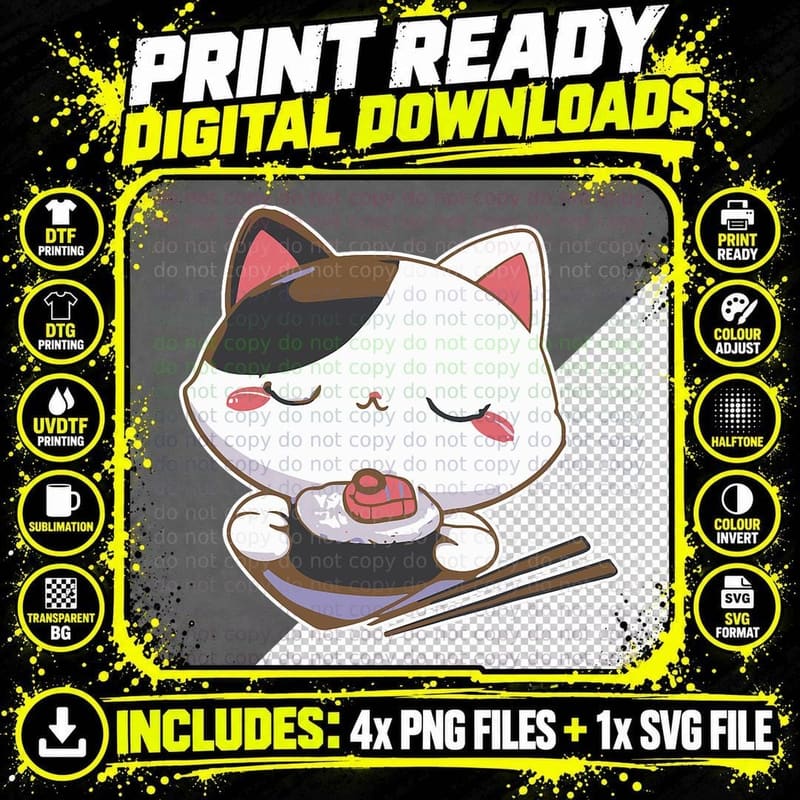 Cat Kitty Eating Japanese Sushi Maki Chopsticks Png SVG Digital Bundle