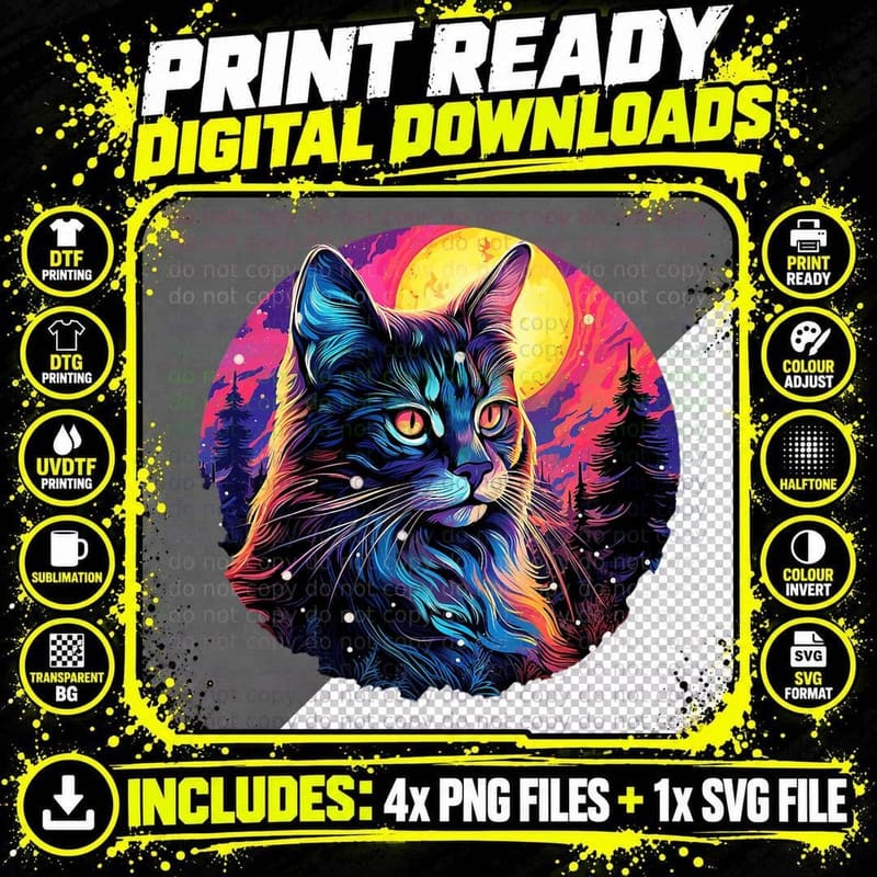 Cat Moon Colorful Cute, Whimsical, Celestial Theme Png SVG Digital Bundle