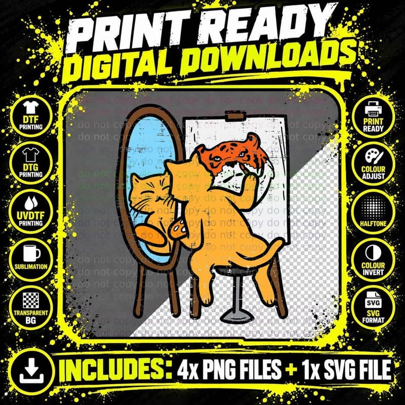 Cat Painting Tiger Funny Humor Inspirational Men Women Png SVG Digital Bundle