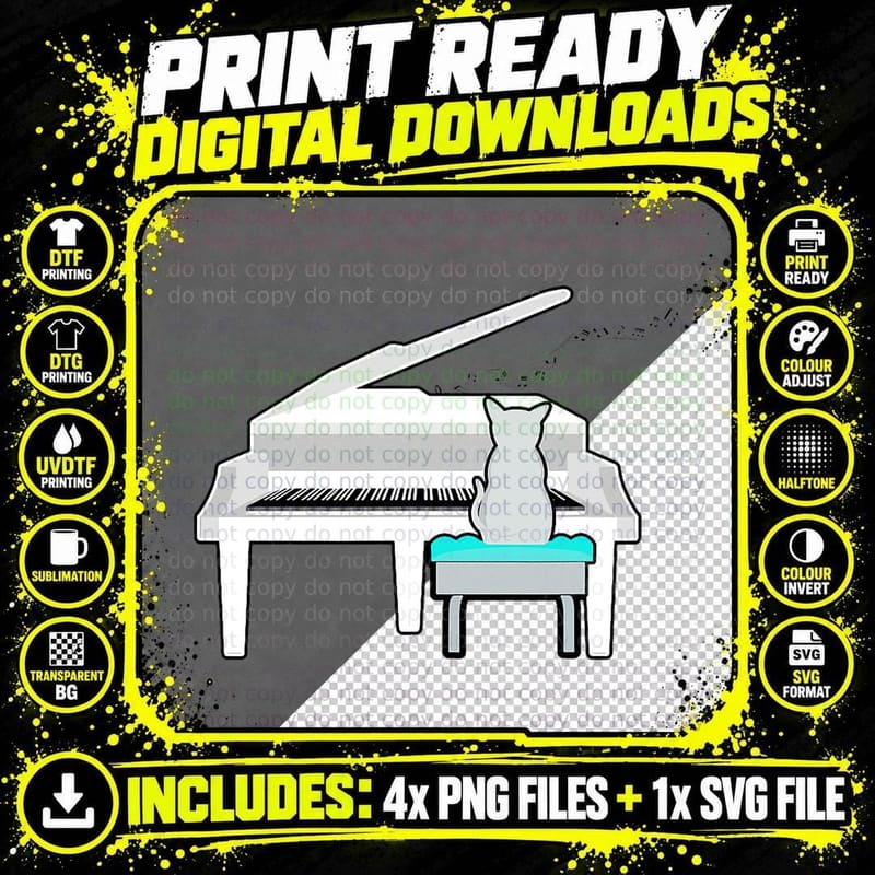 Cat Playing Piano Music Lover Funny Png SVG Digital Bundle