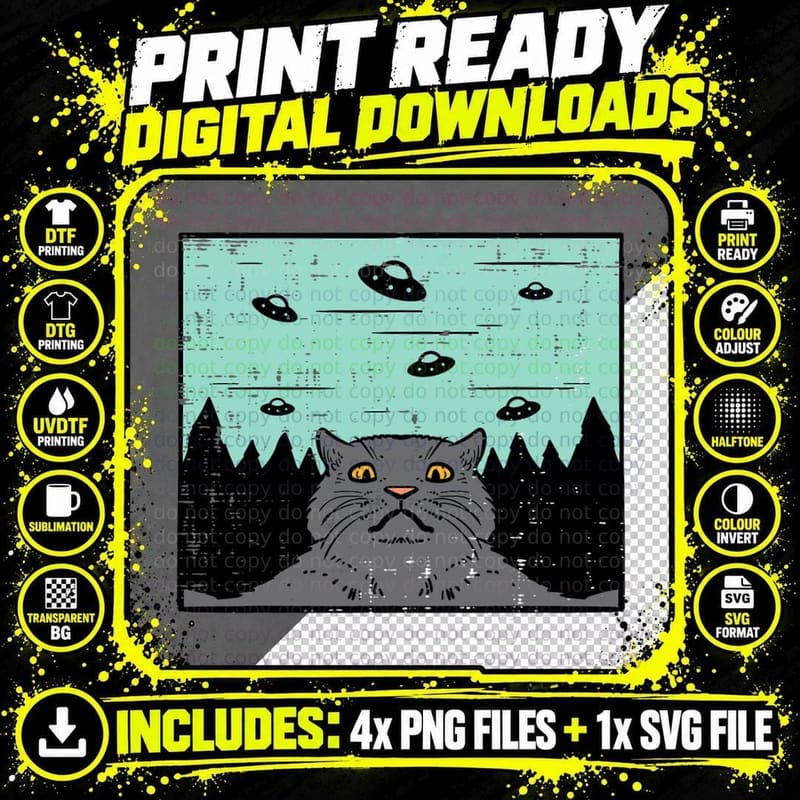 Cat Selfie UFO Funny Alien Space Men Women Kids Boys Png SVG Digital Bundle