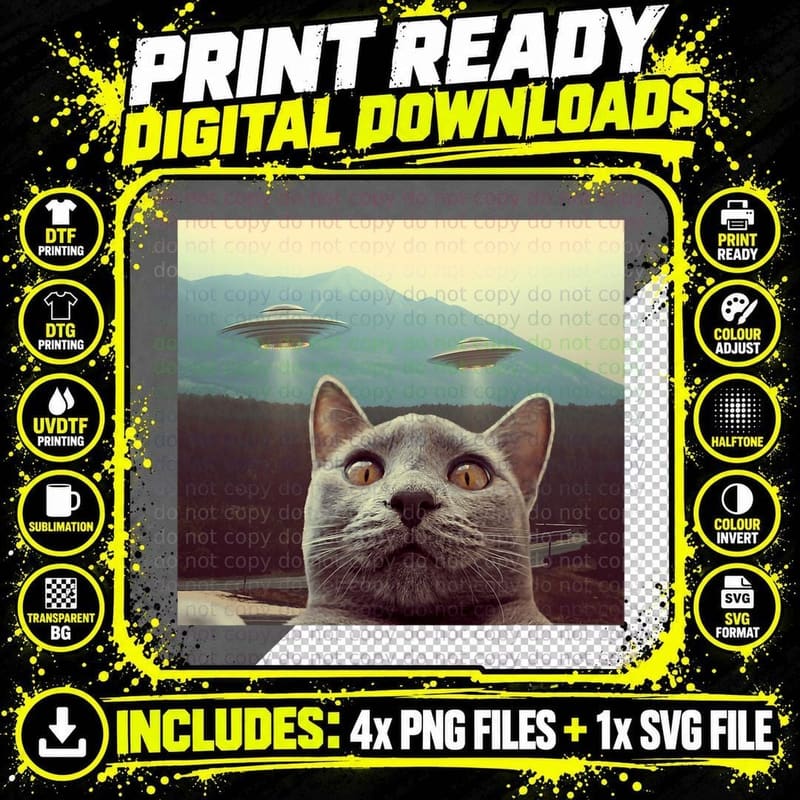Cat Selfie with Alien UFO Spaceship Funny Cat Lovers Png SVG Digital Bundle