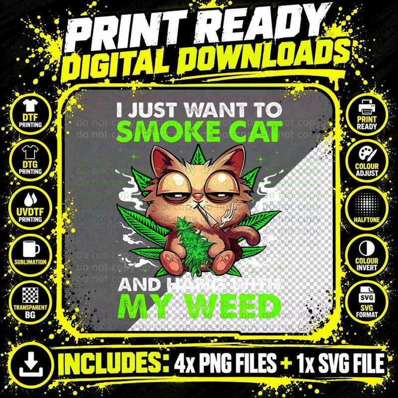Cat Smoking Bong Cannabis Lover Marijuana Weed Leaf Png SVG Digital Bundle