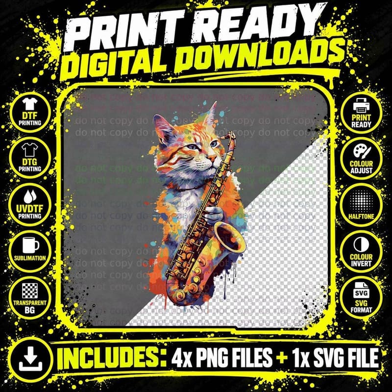 Cat with Saxophone Cat Playing Saxophone Png SVG Digital Bundle