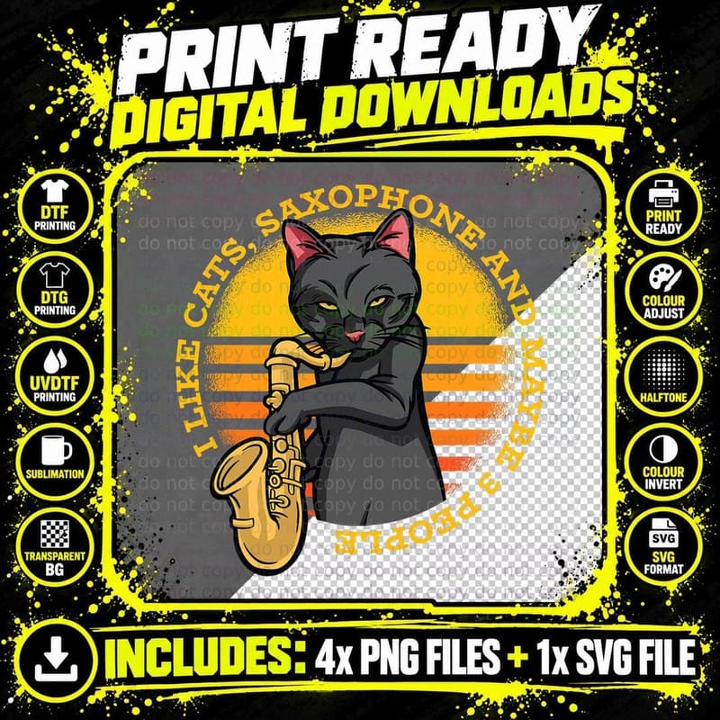 Cat with Saxophone Music Musician Saxophonist Png SVG Digital Bundle
