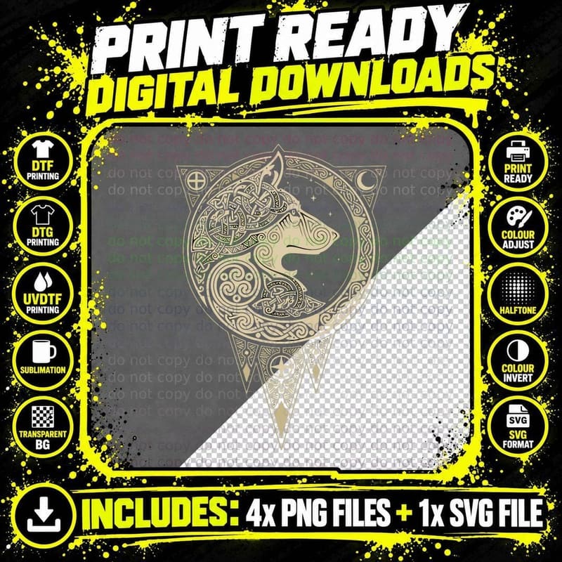 Celtic Mythology Fenrir Wolf Runes, Viking Inspired Png SVG Digital Bundle