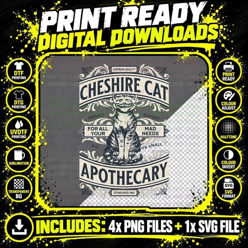 Cheshire Cat - Alice in Wonderland Vintage Book Design Png SVG Digital Bundle