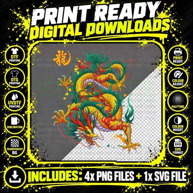 Chinese Japanese Culture Dragon Tee Asian Mythology Png SVG Digital Bundle
