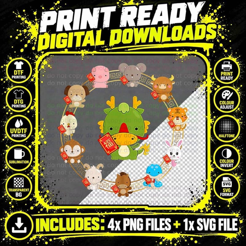 Chinese Lunar New Year 12 Animal Zodiac Signs Cute Png SVG Digital Bundle