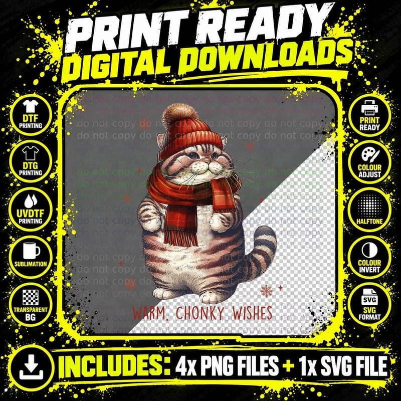 Chubby Tabby Cat Wearing Knit Beanie and Plaid Scarf Png SVG Digital Bundle