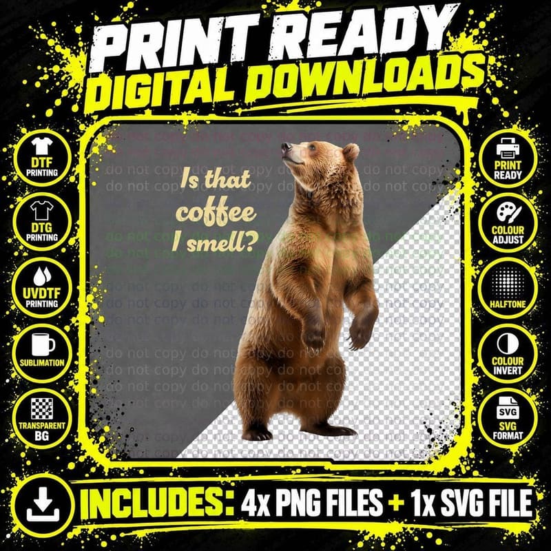Coffee and Grizzlies Funny Bear Lover Grizzly Wildlife Png SVG Digital Bundle