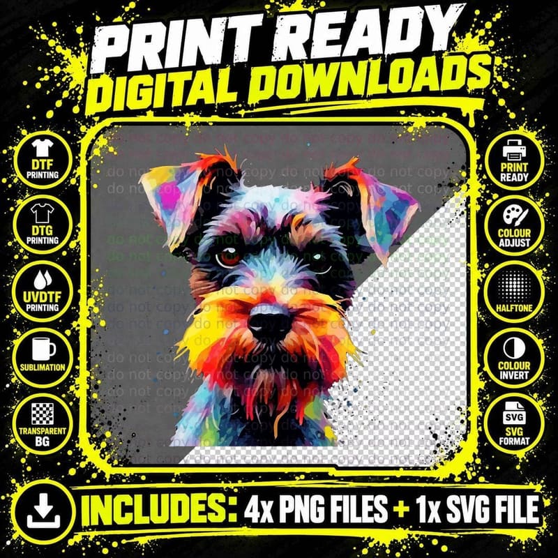 Colorful Pop Art Miniature Schnauzer Lover Portrait Png SVG Digital Bundle
