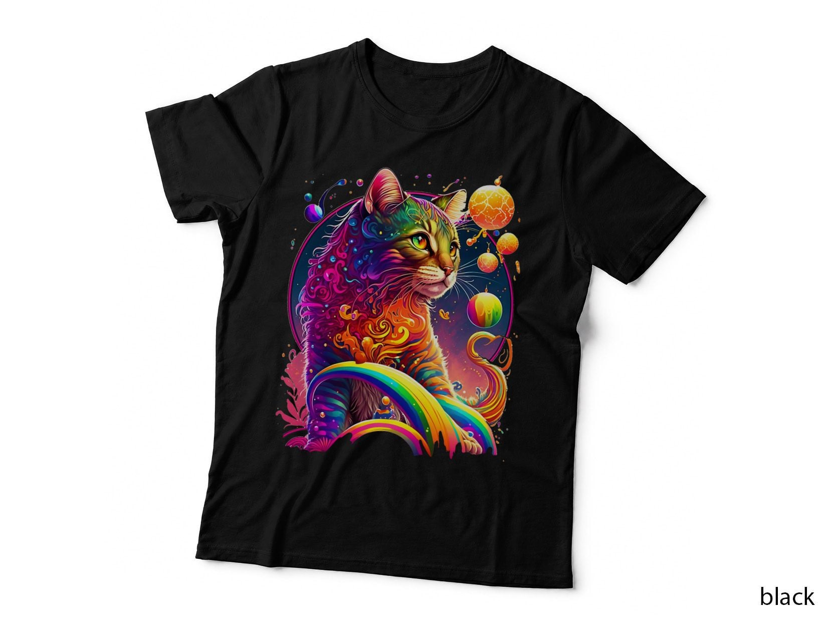 Colorful Rainbow Cat Graphic, Unisex, Vibrant, Cartoon Print T-Shirt