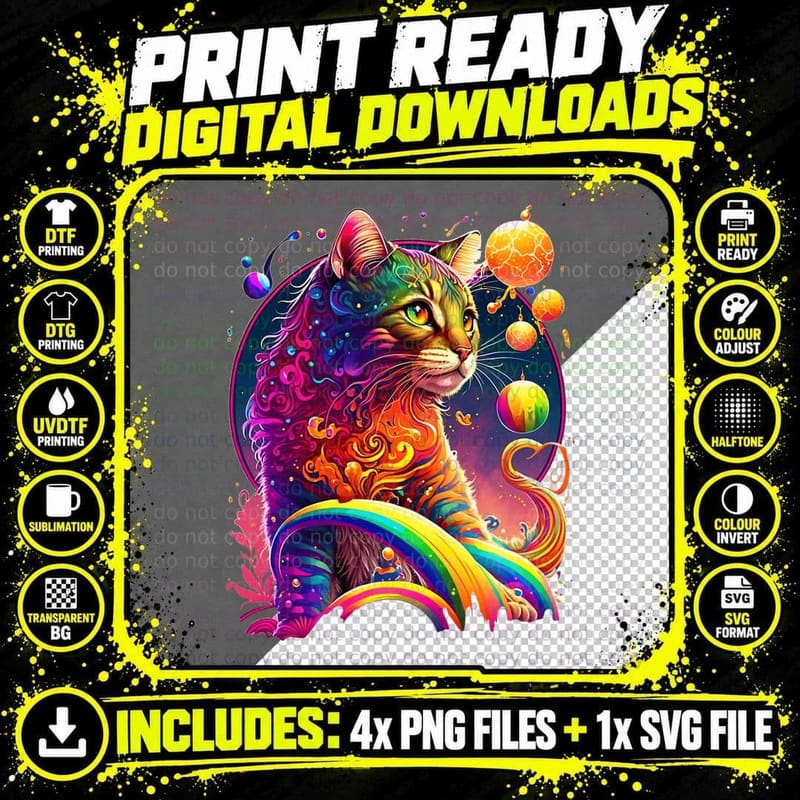 Colorful Rainbow Cat Graphic, Unisex, Vibrant Png SVG Digital Bundle