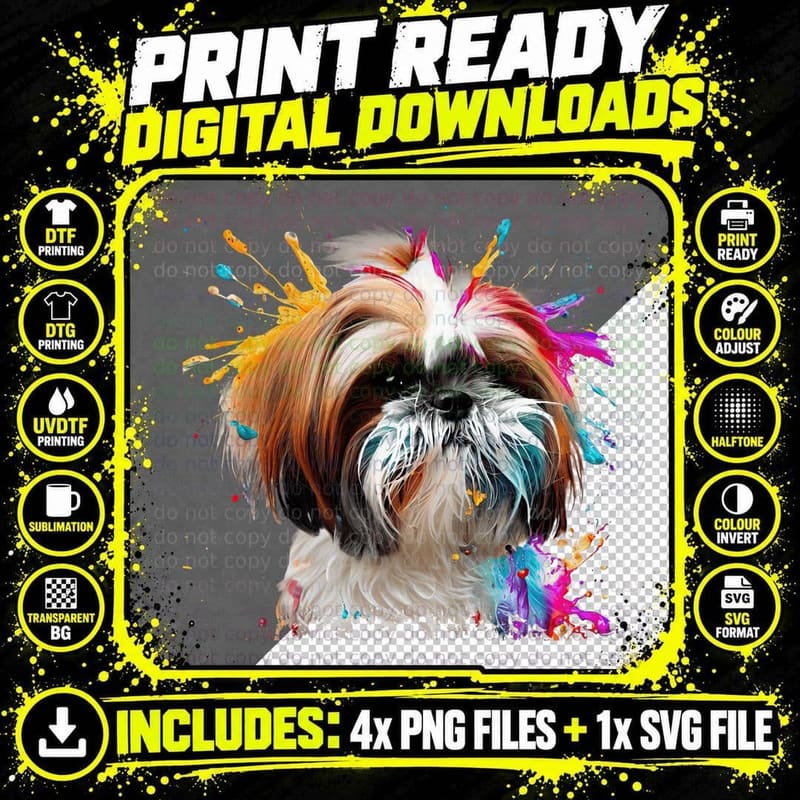 Colorful Shih Tzu Splashes of Paint Png SVG Digital Bundle