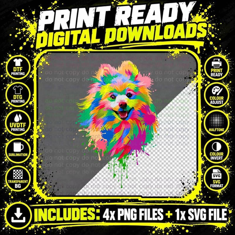 Colorful Splash Pomeranian Art - Dog Owner Animal Lover Png SVG Digital Bundle