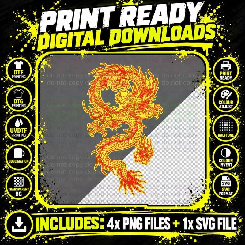 Cool Chinese Dragon Traditional Chinese Yellow Dragon Png SVG Digital Bundle