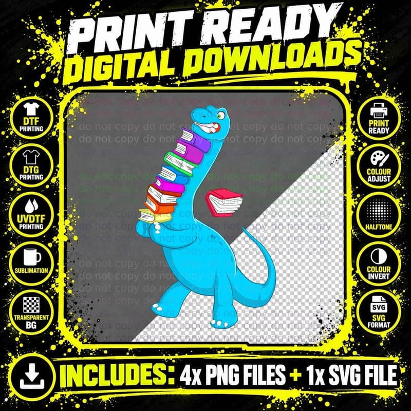 Cool Dinosaur with Lots of Books Funny Geek Reptile Gift Png SVG Digital Bundle