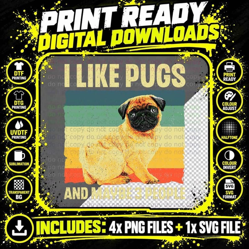 Cool Pug Design for Men Women Puppy Pet Dog Breed Pug Png SVG Digital Bundle