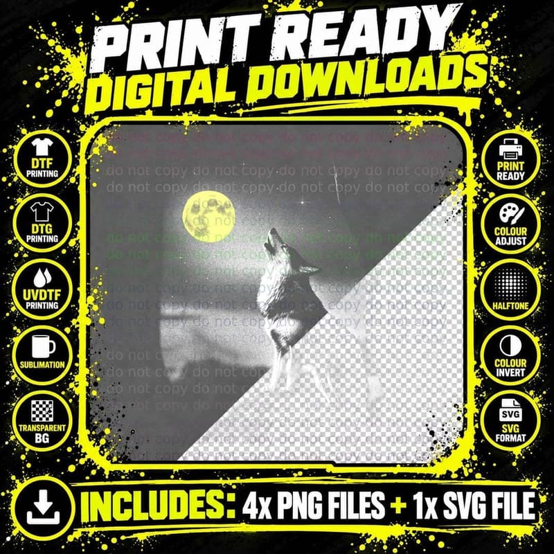Cool Wolf That Howls Around the Moon Under a Starry Sky Png SVG Digital Bundle