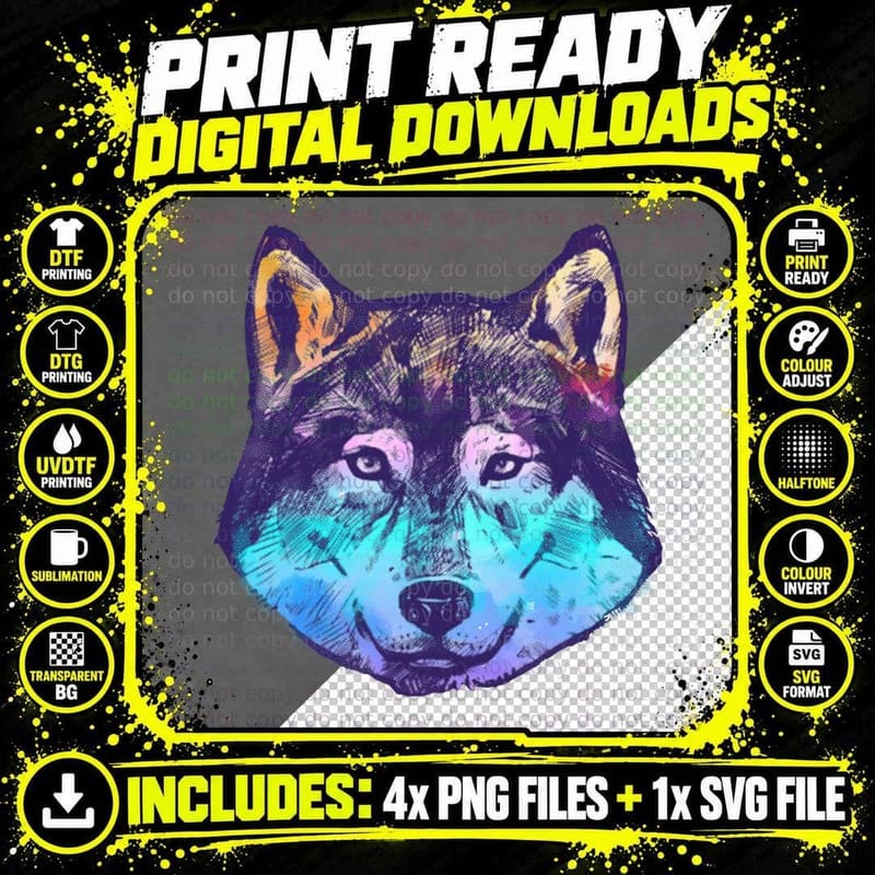 Cool Wolf for Men Women Animal Face Waterpaint Grey Png SVG Digital Bundle
