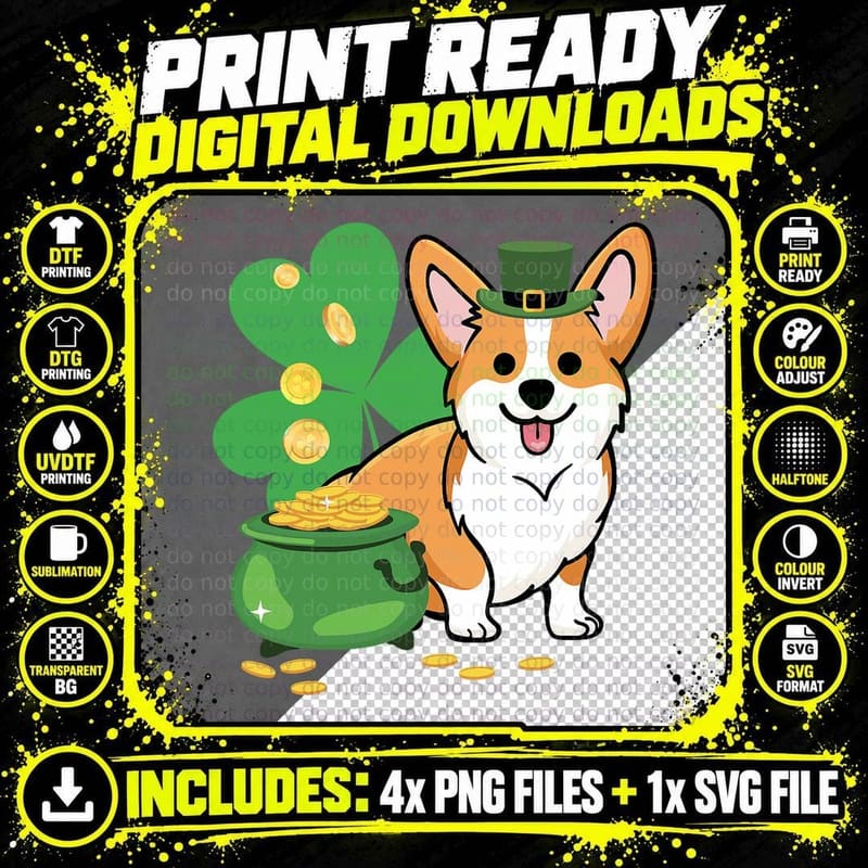 Corgi St Patricks Day with Leprechaun Hat, Irish Dog Png SVG Digital Bundle