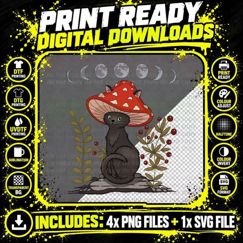 Cottagecore Cat Mushroom T-Shirt Png SVG Digital Bundle