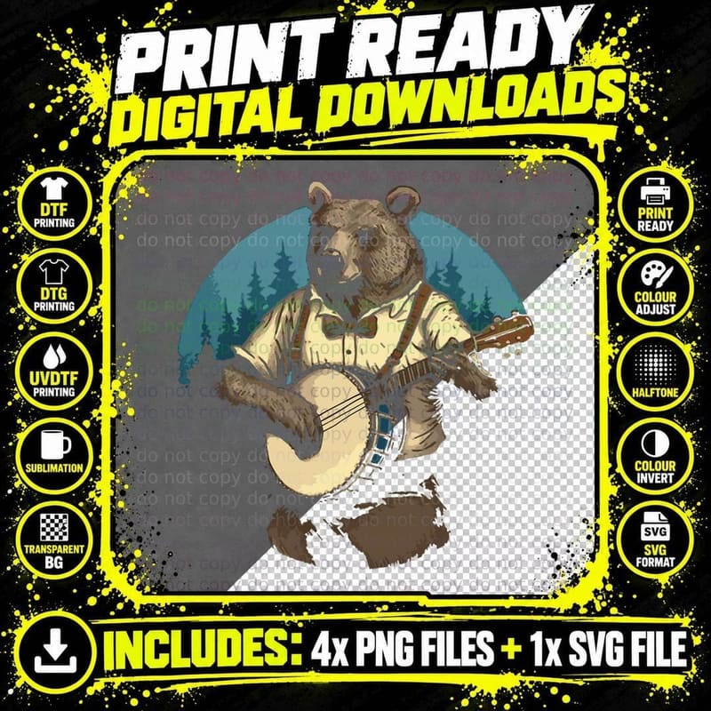 Country Music Bear Banjo Player Awesome Folk Png SVG Digital Bundle